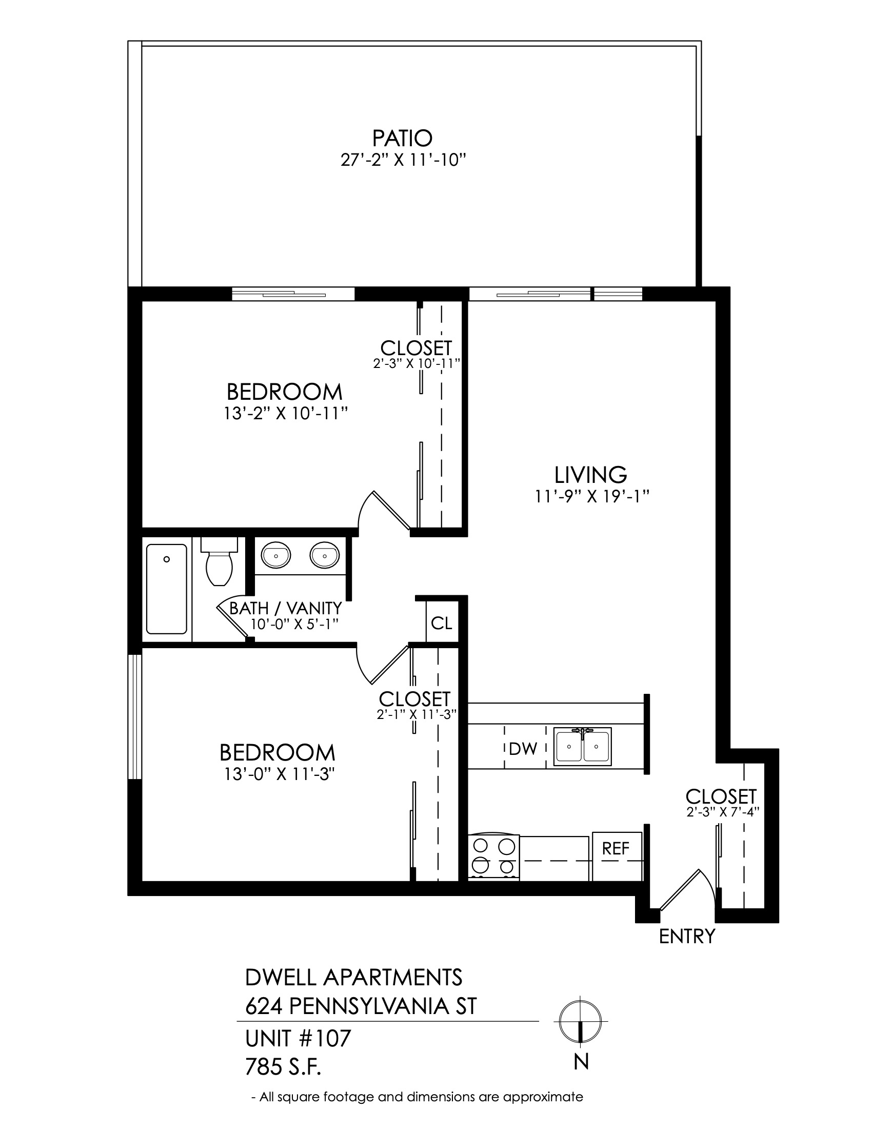 Floor plan for 2 beds, 1 bath, 785 sqft